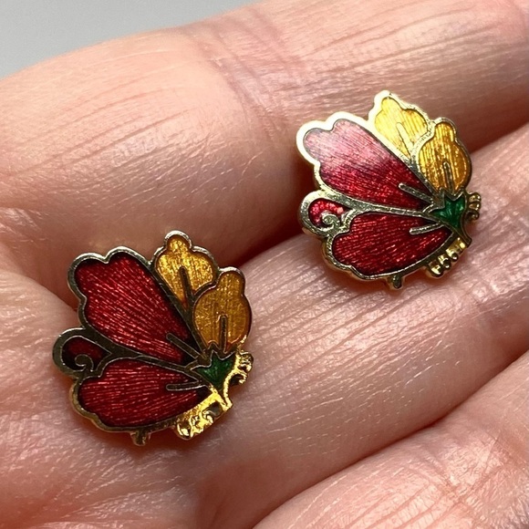 Cloisonné Earrings Flower Gold Tone Red Yellow Vintage - Picture 9 of 11